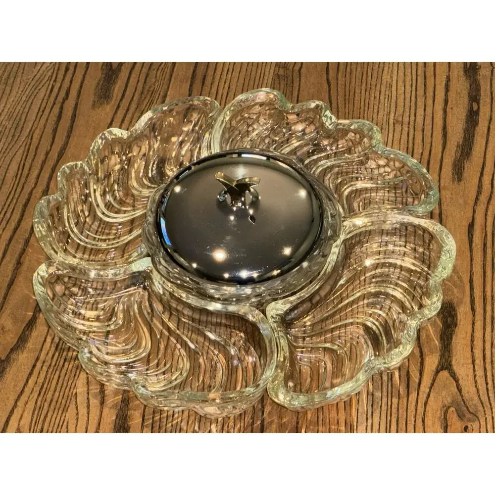 6pc 1950's Kromex Lazy Susan 4 Swirl Dishes w/Covered Center Bowl